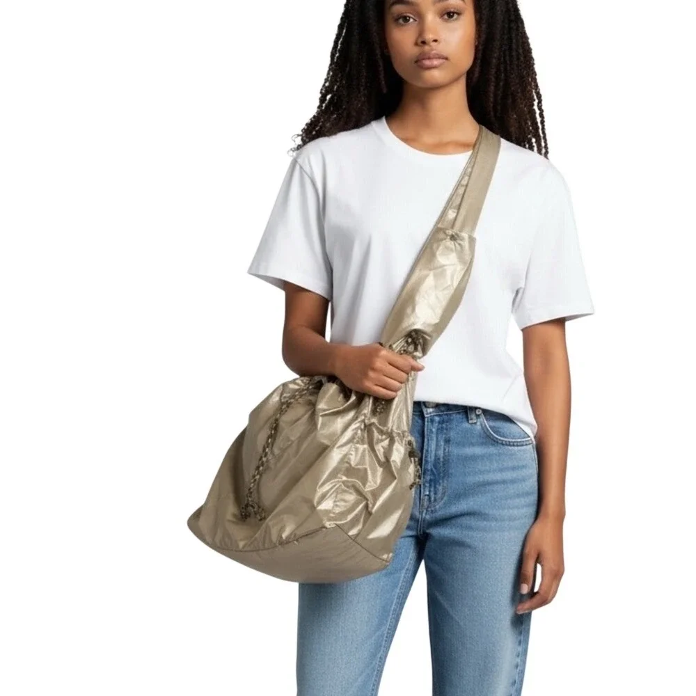 Urban Outfitters Metallic Gold Drawstring Bucket Bag Shimmer Hobo Shoulder Purse